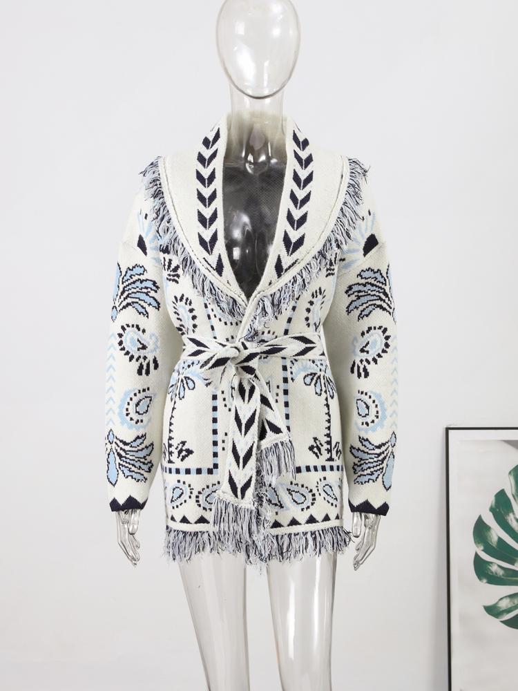 Women's Tassel V-neck Sweater Cardigan Ladies' Ethnic Style Sweater Jacket Ladies' Warm Waist Knitted Sweater Autumn and Winter