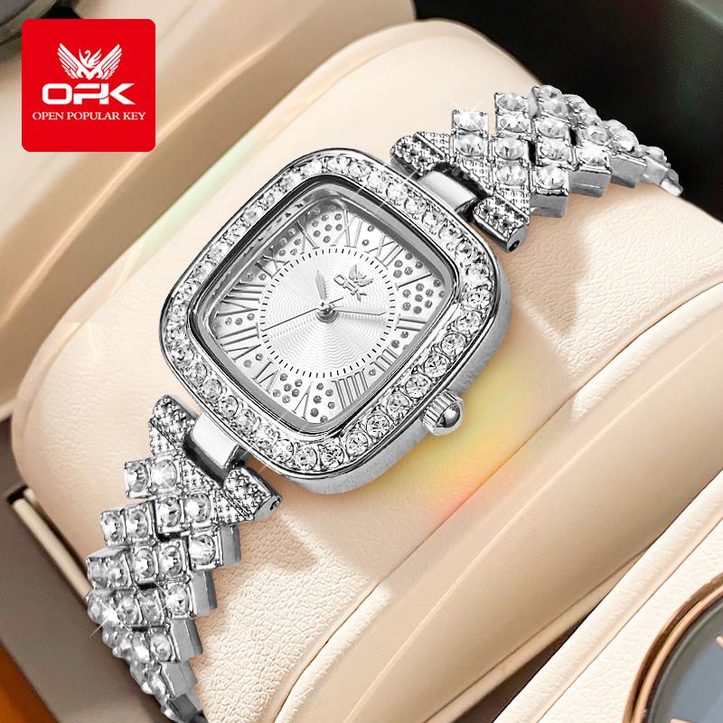 OPK 6048 Full Diamond Quartz Watches for Women Elegant Fashion Rose Gold Steel Strap Waterproof Luxury Ladies Dress Wristwatches