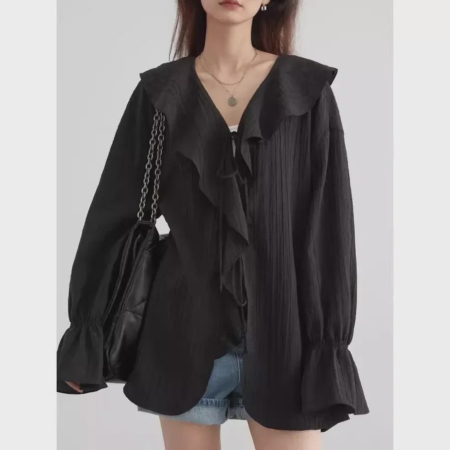 CHICVEN "Visual Space" Tencel Lace-up Ruffle Sleeve Midi Shirt