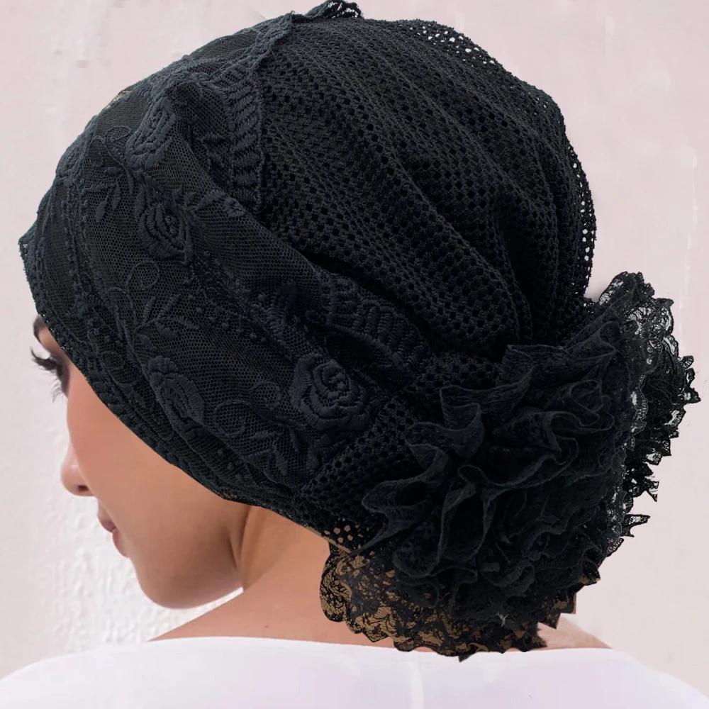 Embroidery Lace Turban Cap for Women Summer Breathable Head Wraps Bonnet