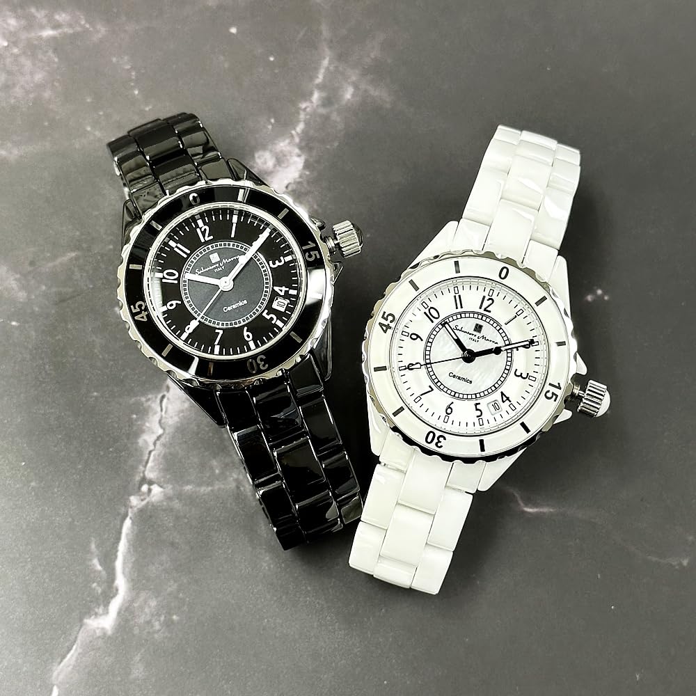 Salvatore Marra Pair Ceramic Bracelet Watch Set with Storage Box SM23103-BKA/WHA Unisex Black & White