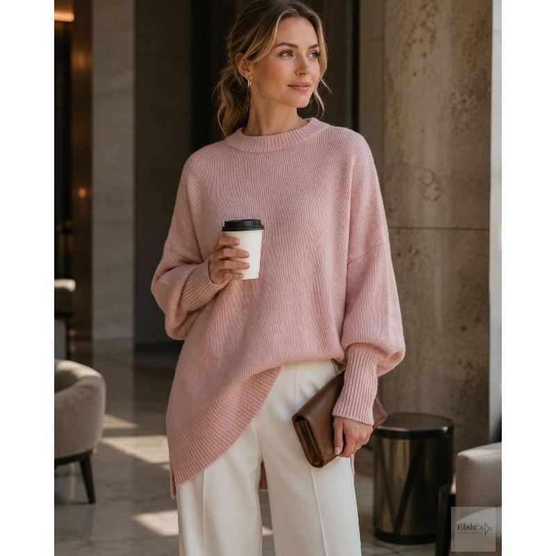 Autumn and winter crew neck pullover knitted sweater women's loose lazy style solid color women's sweater