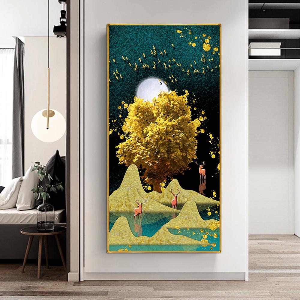 Nordic Abstrakte Weiße Elch Gold Baum Malerei auf Leinwand Landschaft Poster und Drucke Wand Kunst Bilder für Wohnzimmer Hause decor