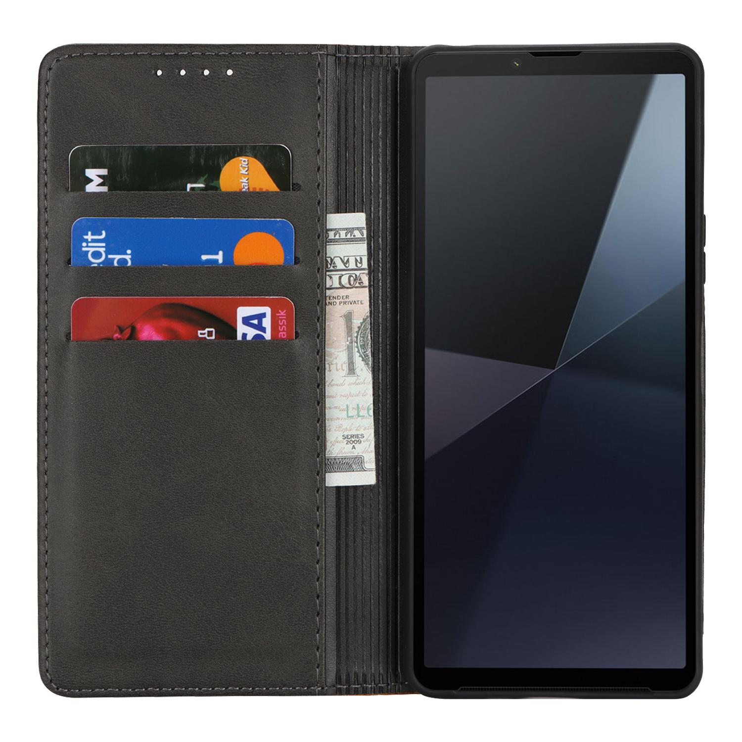 

For Sony Xperia 10 VI Case Calf Texture 3 Card Slots Color Splicing Leather Phone Cover Yellow+Brown