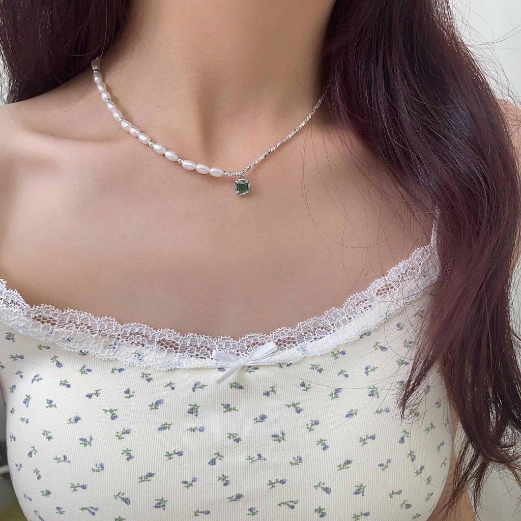 Yinruitai Sterling Silver Emerald Gemstone & Freshwater Pearl Necklace