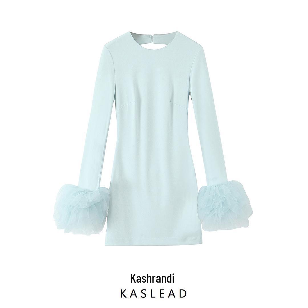 

2025 Spring Women s European & American Style Fashion Short Dress with Puffy Tulle Cuffs M