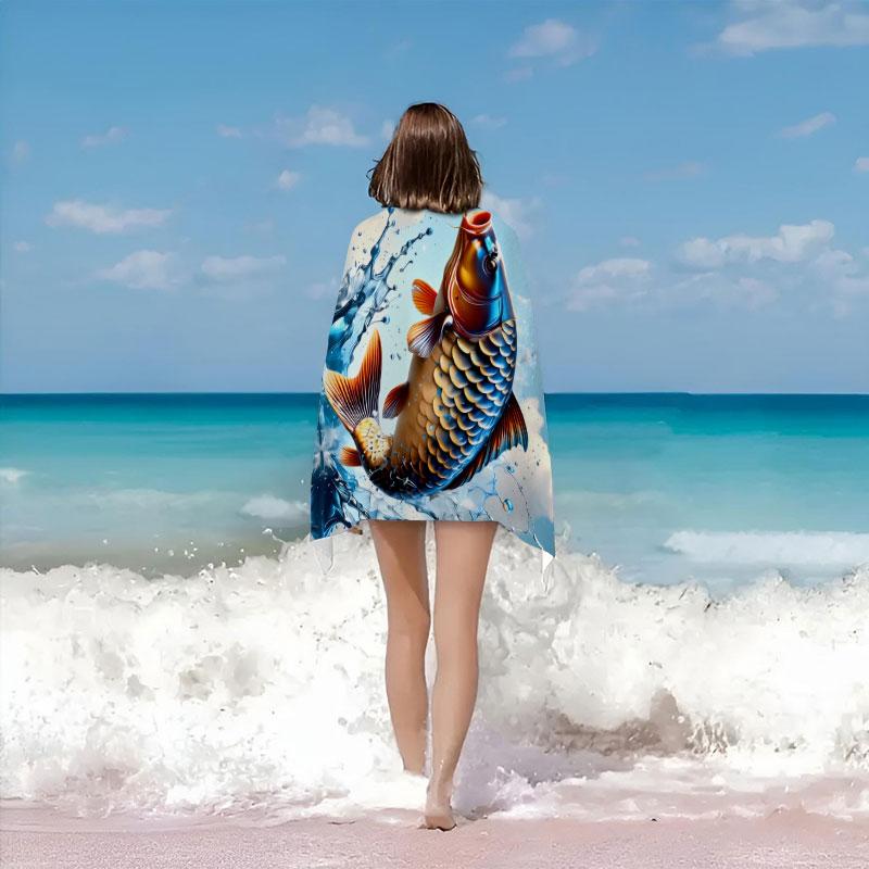 1 Extra-Large Beach Towel - Soft velour microfiber, sand-resistant and absorbent, features a carp pattern, suitable for the b