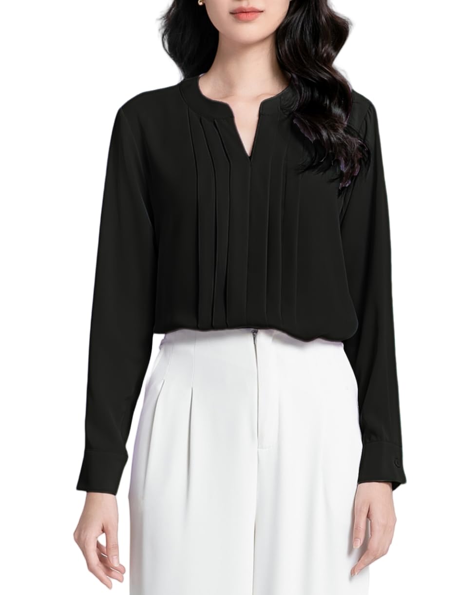 

ВЕСЕННИЙ СЕЗОН Блузка из шифона с длинным рукавом, со сборками, свободного кроя, больших размеров. Подходит для размера 3L. Женская блузка с V-образным вырезом, посадка, в наличии, подходит, офис, чёрный