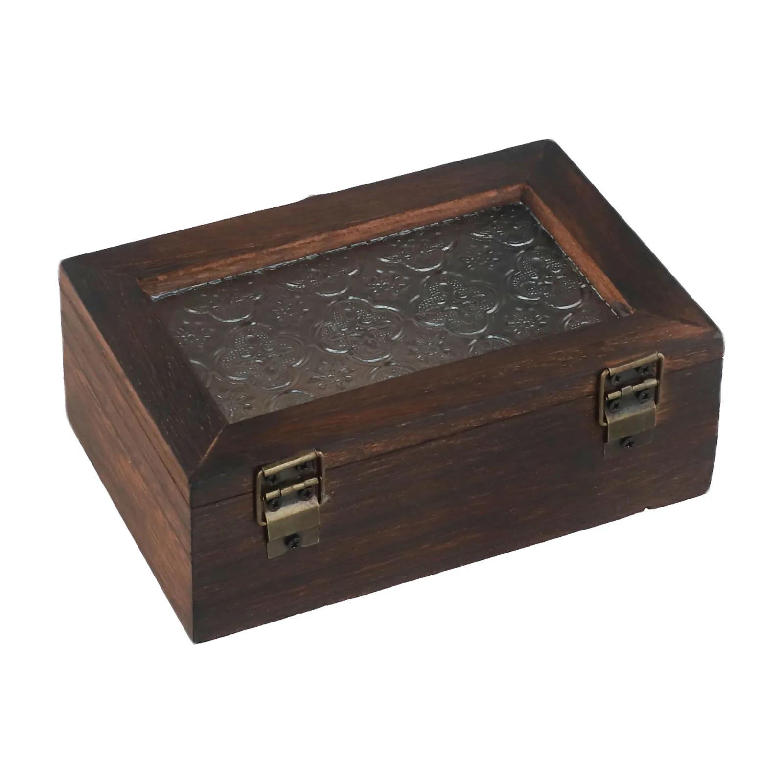 `Begonia Flower Storage Box` Retro Solid Wood Begonia `Flower Glass Lid Desktop `Storage Cabinet Box `Makeup Table Decoration S