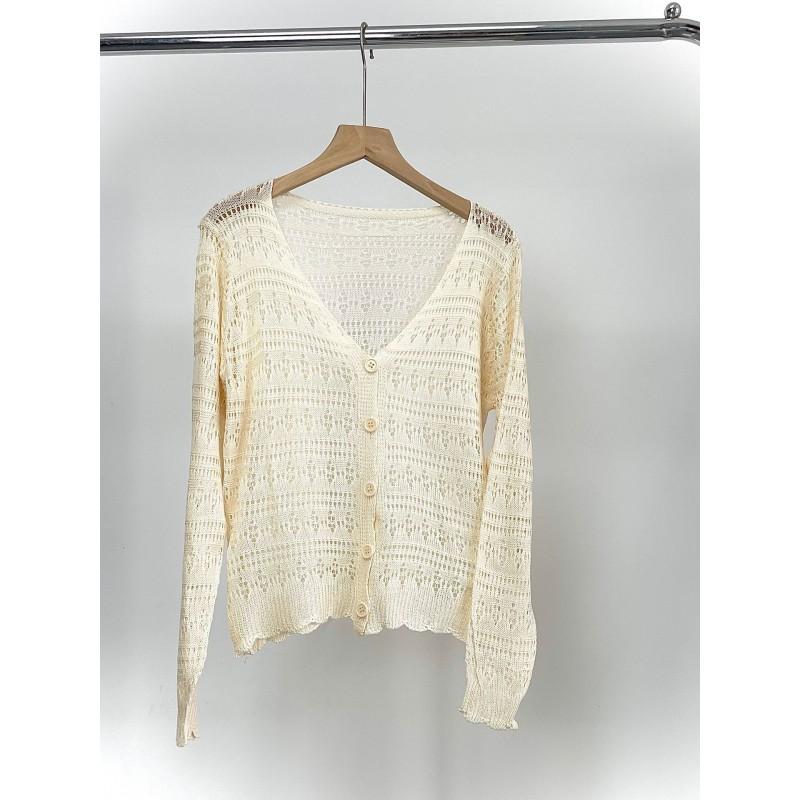 Lightweight Crochet Knit Cardigan With Buttons Sheer Mesh Cover-Up Beach Casual Wear