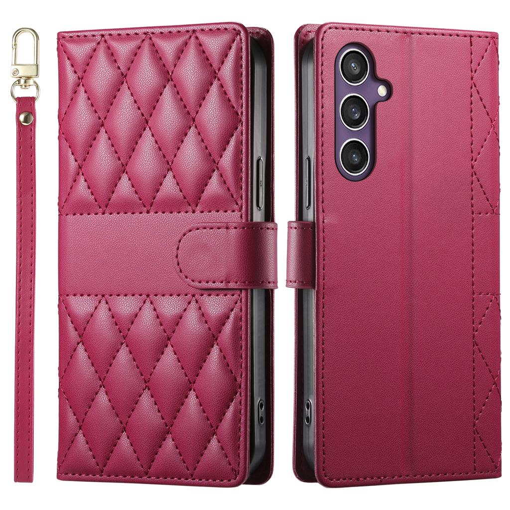 For Samsung Galaxy S23 FE Case Rhombus Stitching Wallet Stand Leather Phone Cover with Long/Short Strap