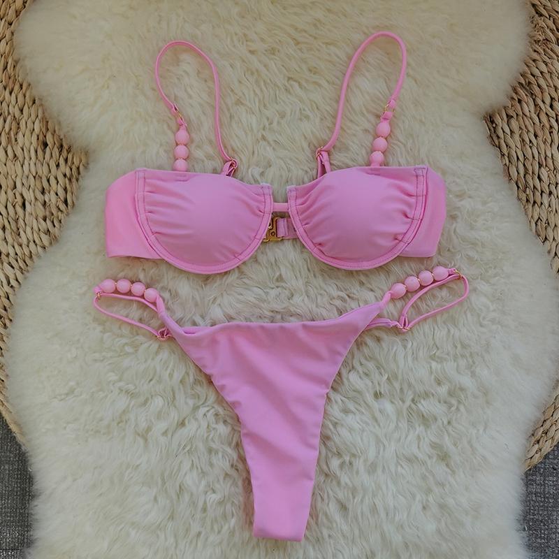

Fashion Bead Chail Women Low Waist Bikini Swimsuit New Sexy Solid Color Lady Biquini Bathing Suit Vacation Female Swimwear L рожевий