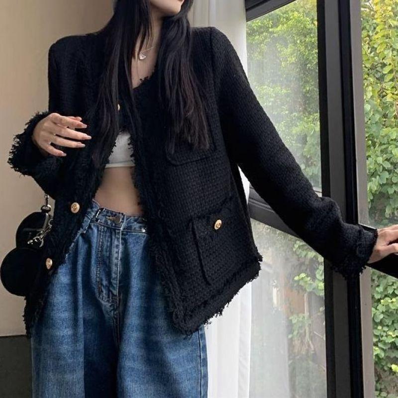 Button Up Jackets for Women Autumn Winter  Vintage New Pockets O Neck Tweed Jacket Casual Long Sleeve Chic Coats