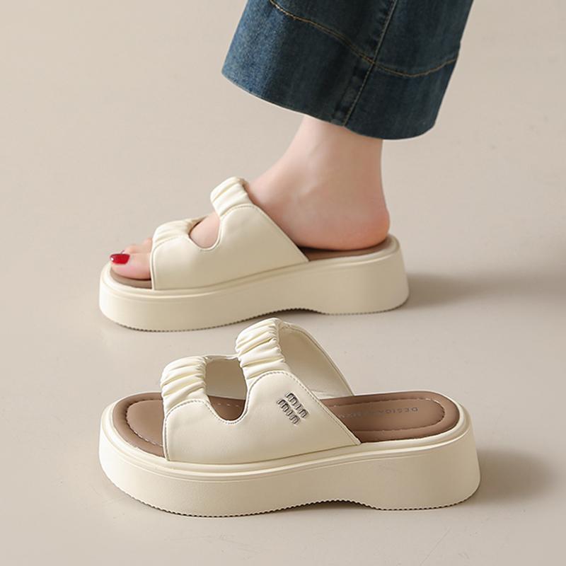 CRLAYDK Platform Slide Sandals for Women Beach Fold Summer Causal Thick Sole Soft Leather Open Toe Slip on Slippers