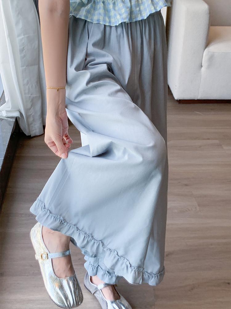 Korean Style Lace Patchwork Ice Silk Wide-Leg Pants for Women - High-Waisted, Versatile, Straight Leg, Summer 2026 Collection