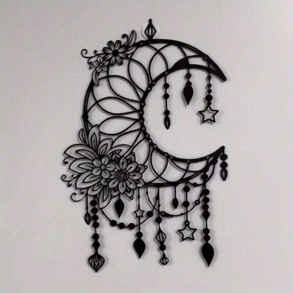 1 Black Iron Elegant Gothic Crescent Moon With Flowers And Pendants Minimalist Metal Wall Art - Modern Home Decor For Bedroom, Living Room,Or Bathroom