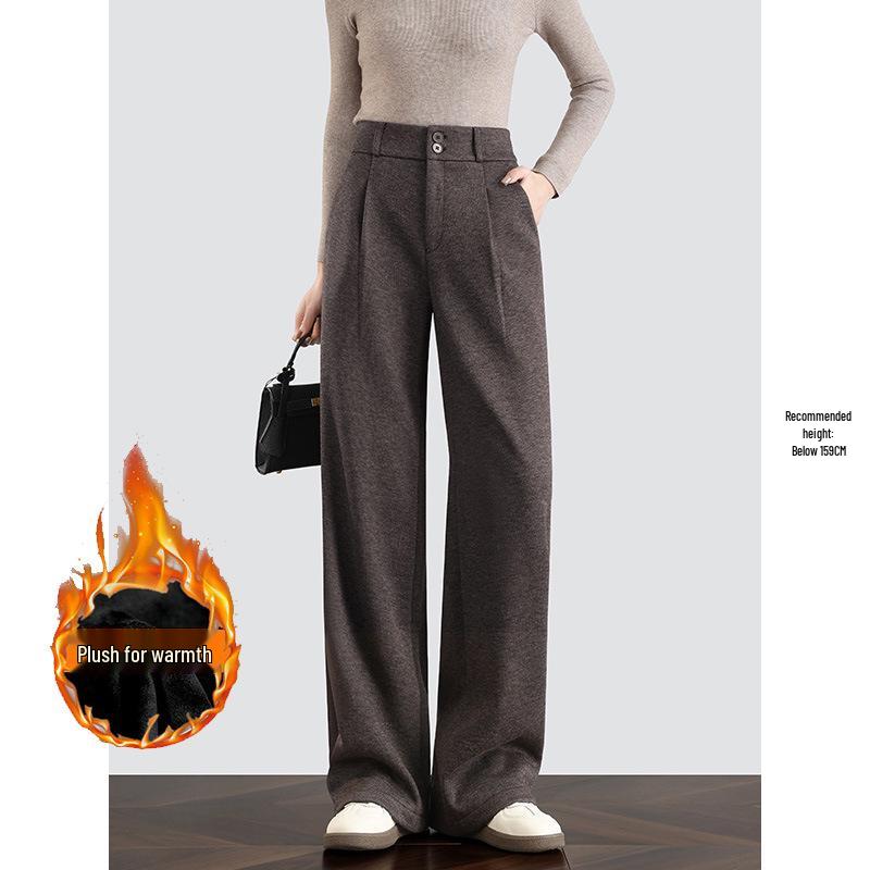 Women's Spring Style High-Waisted Oatmeal Wool Wide-Leg Fleece-Lined Pants