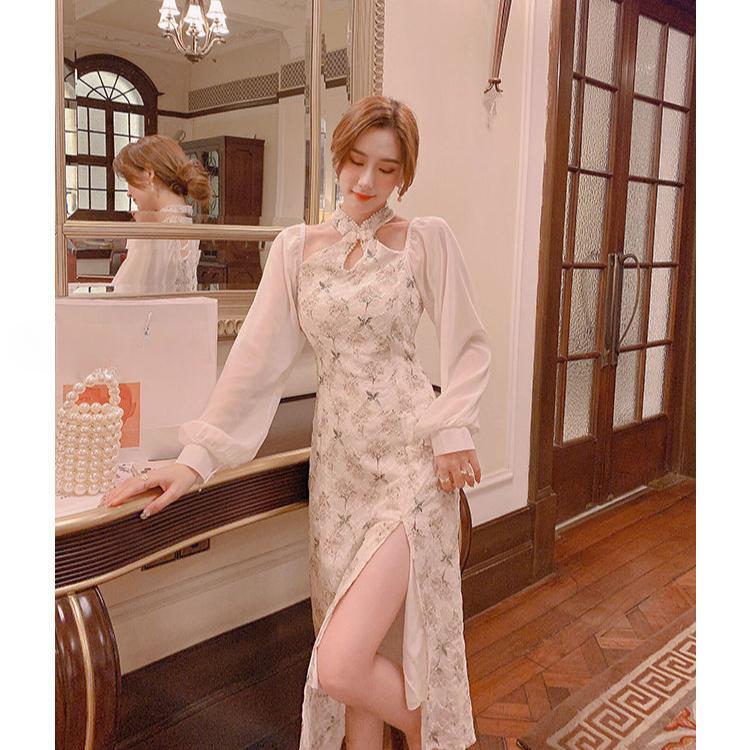 Besticktes Perlen-Cheongsam-Kleid mit schlanker Passform, mittellang, sexy Seitenschlitz, lange Kleider