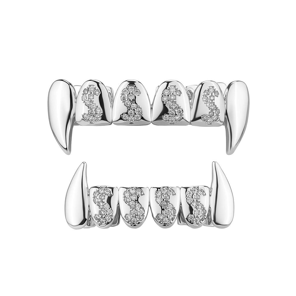 Hip Hop CZ Iced Out Full Fang Teeth Grillz With Dollar Symbol Custom Unisex Cosplay Decoration Jewelry