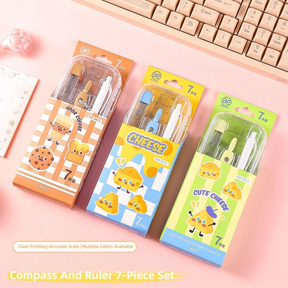 7PCS/Set Plastic Ruler Compasses Set Straight Ruler Set Square Stationery Ruler Set Propelling Pencil Drawing Tool Students