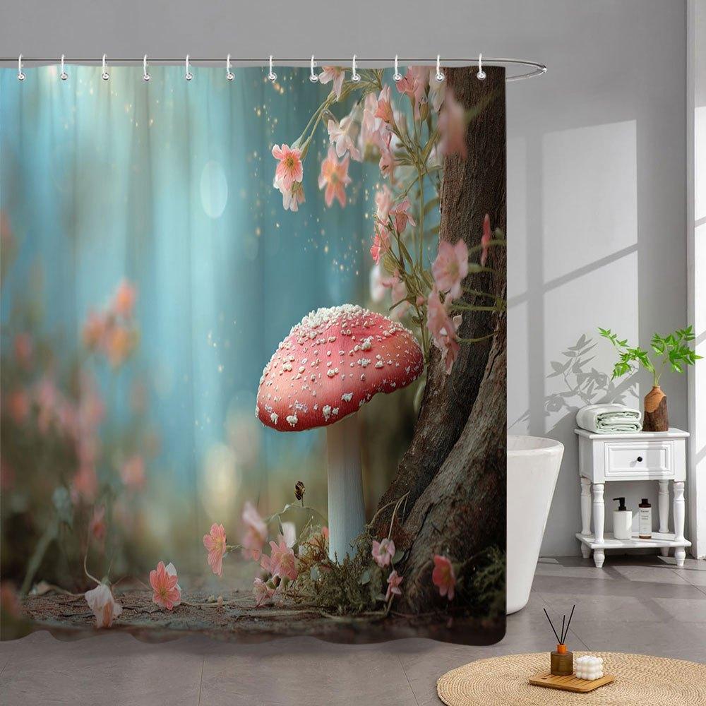 1Pc Fantasy Mushroom Bath Curtain - Enchanted Fairy Tale Glow, Red Cap & White Spots Mushroom With Ethereal Forest, Pink Flowers