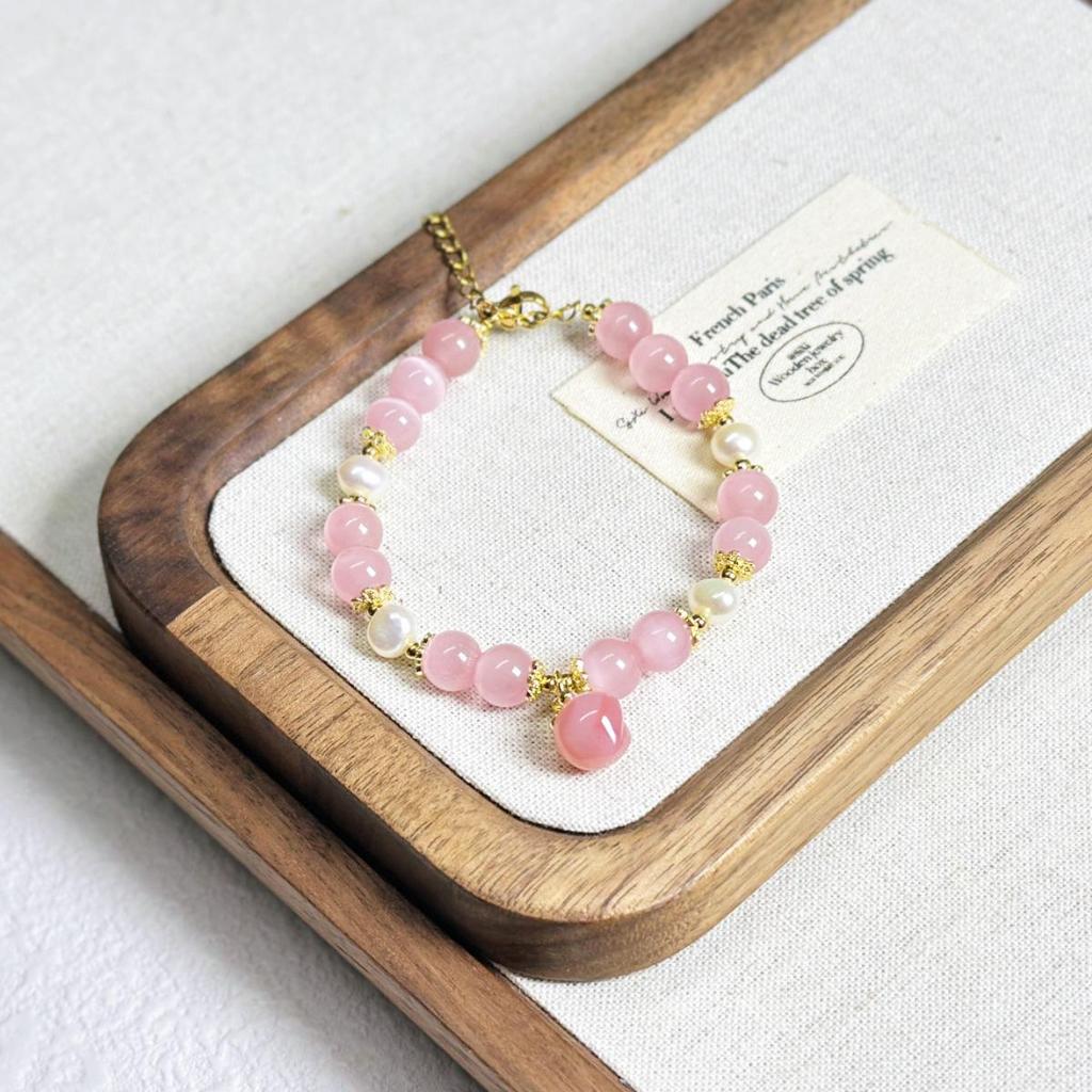 Cat's Eye Pearl & Agate Peach Bracelet - Cute Friendship Jewelry for Women and Students