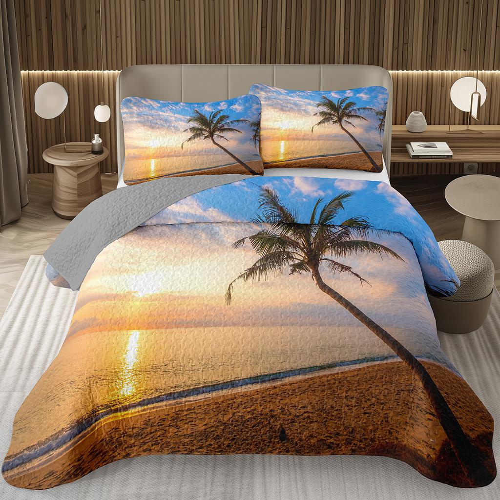 Beach Bedspread Tropical Palm Tree Coverlet SetSea Ocean Quilt Set Twin King Size Seaside Landscape Coastal Theme Bedding Sets