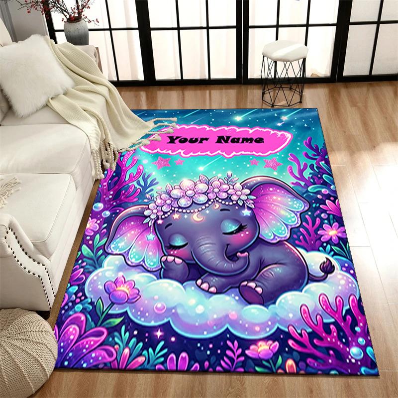 1PC Custom Name Ethereal Elephant Fantasy Theme Floor Mat Ideal for Living Room, Game Rooms, Office, Bedroom,Floor Mat Playful Design