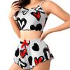 Kadın Kalp - Baskılı Pijama Takımı - Crop Cami & Fırfırlı Şort Fiyonk Detaylı Sevimli & Eğlenceli Ev Giyim