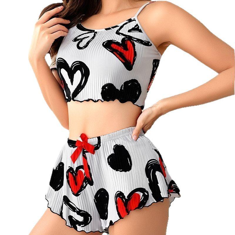 Kadın Kalp - Baskılı Pijama Takımı - Crop Cami & Fırfırlı Şort Fiyonk Detaylı Sevimli & Eğlenceli Ev Giyim