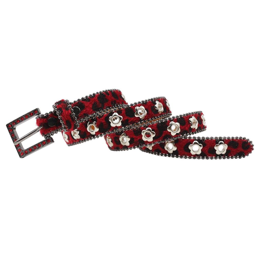 Luxury 2.3cm Leopard Print Leather Belt with Floral Eyelets & Rhinestones, No Punching Needed, Pin Buckle, Fully Diamond-Encrusted.