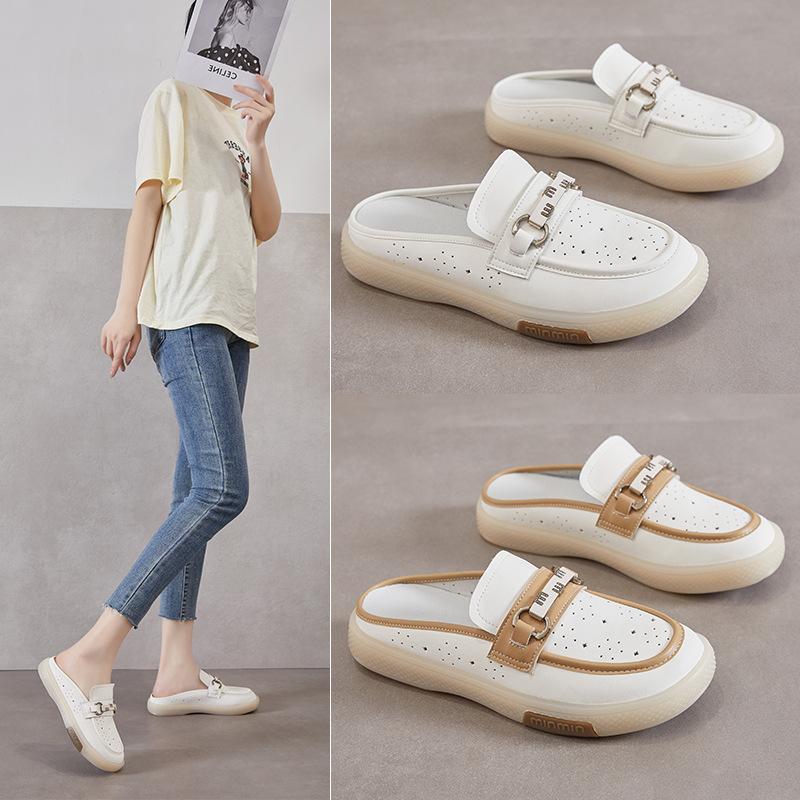 Baotou Slippers Women's 2025 Summer New Casual Versatile Cowhide Half-towed Soft Bottom Outer Wear Hollow Breathable Cool Slippers