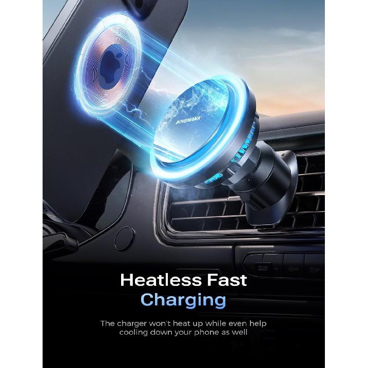For MagSafe Car Mount Charger, [ICY Cooling Charging] 15W Wireless Car Charger Holder for iPhone 15 14 13 12 Pro Plus Max, Bendable Memory Titanium