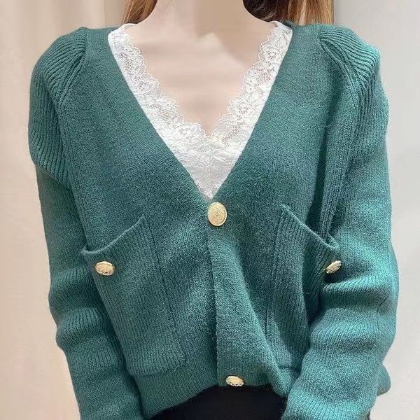 Koszula z dekoltem w serek z koronką na dole damska na wiosnę i jesień modna seksowna podszewka modna czarno-biała koszulka dopasowana góra