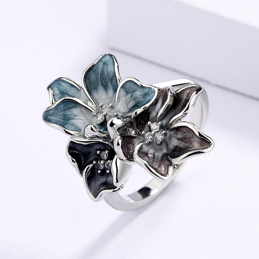 Export Simple Chinese Style Splashing Ink Effect Epoxy Inlaid Zircon Retro Flower Women'S Ring