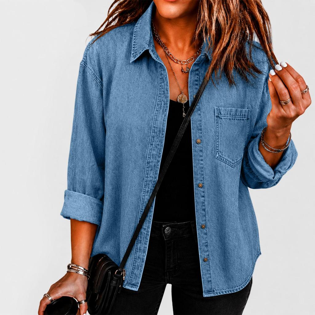 Women's Loose Fit Denim Button-Up Top for Casual Everyday Wear
