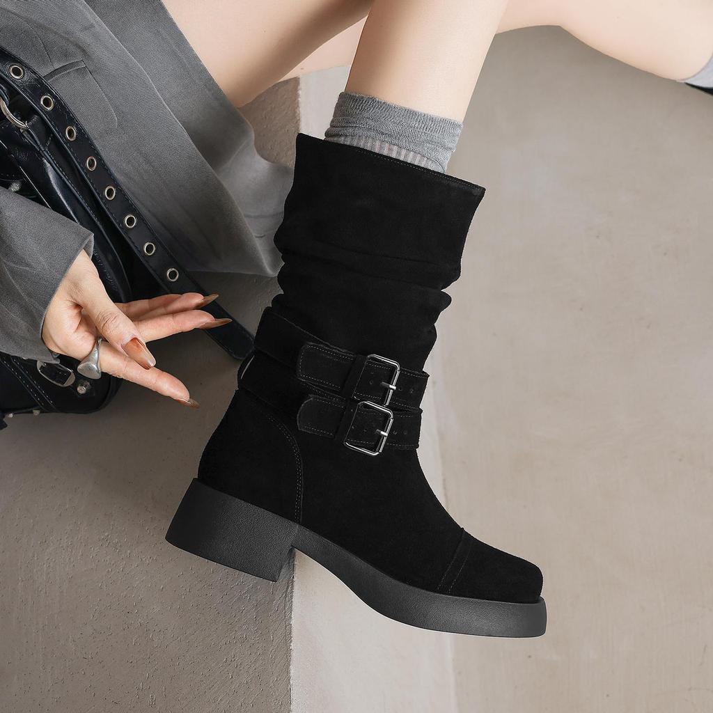 Krazing Pot Cow Suede Nubuck Winter Round Toe Modern Boots Med Heels Slip on Pleated Style Metal Buckle Mid-calf Boots