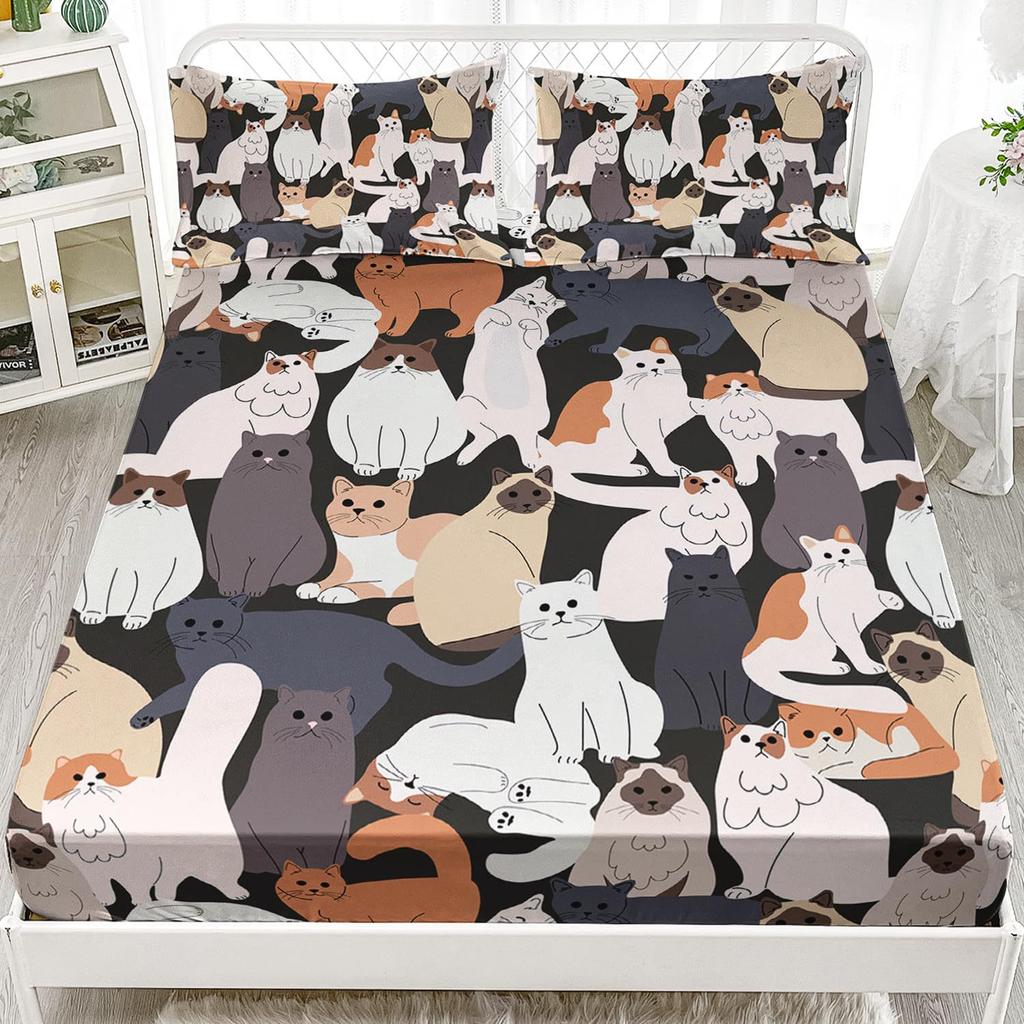 Cute Cat Pattern Mattress Three-Piece Digital Printing Mattress Bedding Set Adult Children