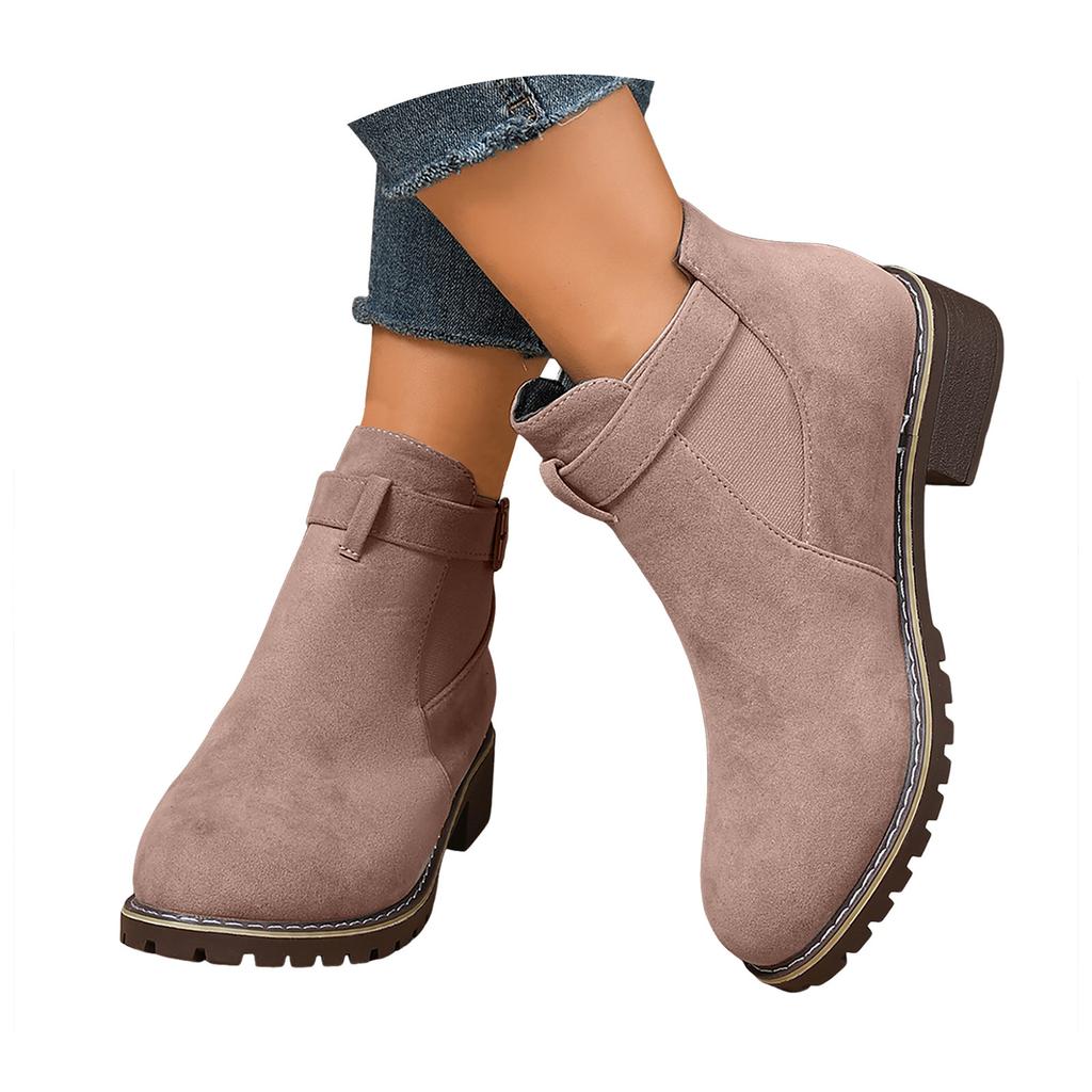 Veelzijdige Mode Dames Enkellaars met Dikke Hak, Elastische Inzet en Suède Enkellaars Regenlaarzen voor Dames Kort