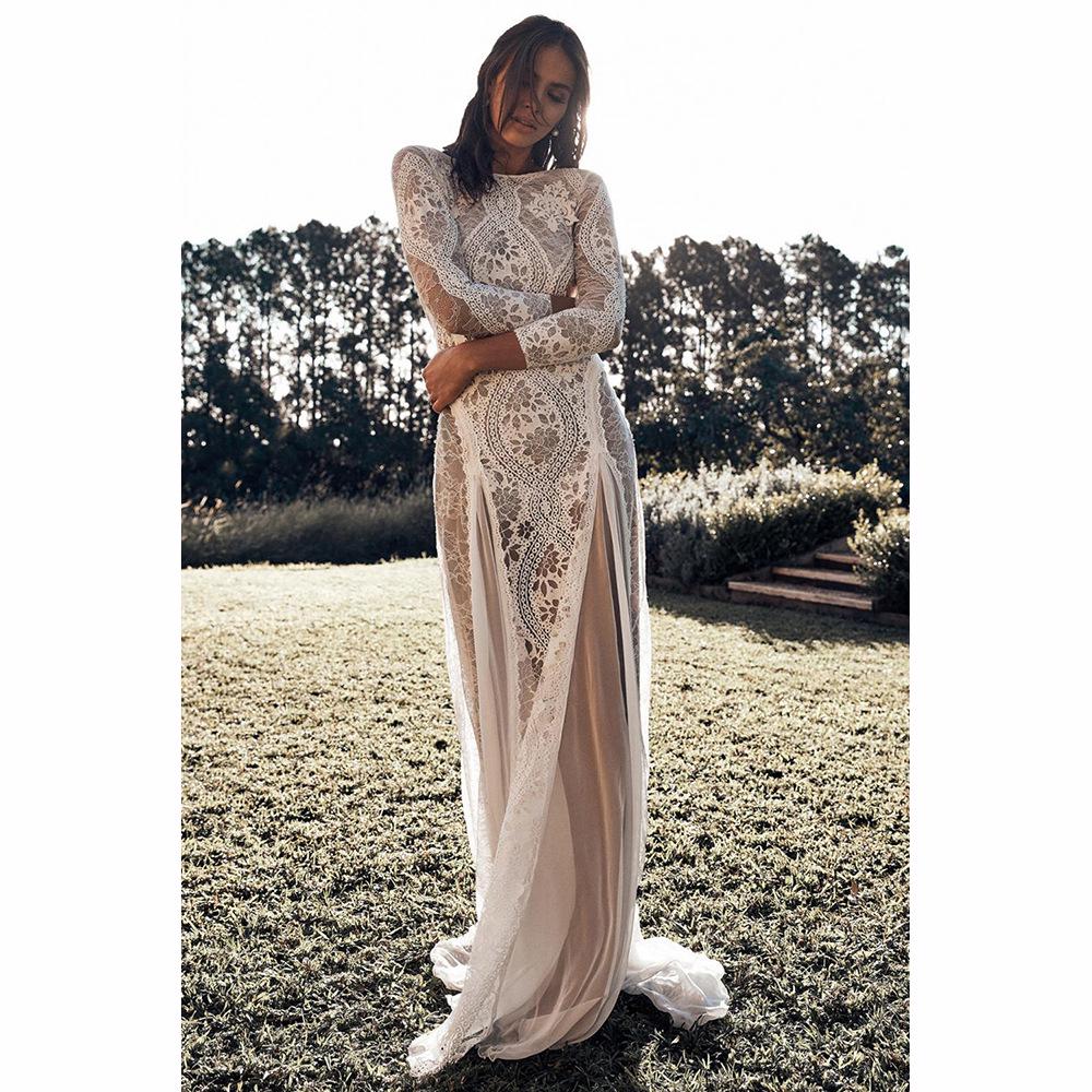 2025 Spring European & American Women's Celebrity Banquet Wedding Dress - Round Neck, Long Sleeve, Printed, Backless Lace