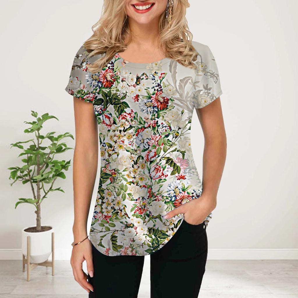 Women Summer T Shirt Green Leaves Print Short Sleeve Tees Casual Printed Tops