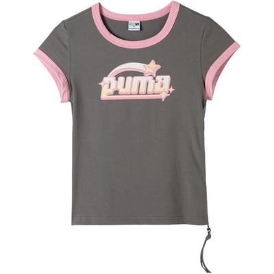 Puma Swxp Dd T-Shirt Buchstabenaufdruck Colorblock Rundhalsausschnitt Kurzarm Regular T-Shirt Damen Tops Grau 628473-89