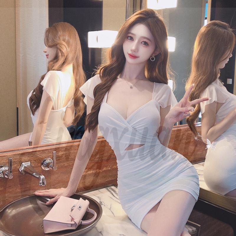 Sizzling Hot Girl V-Neck Backless Mesh Dress - Slim Fit, Hip-Hugging Mini Skirt