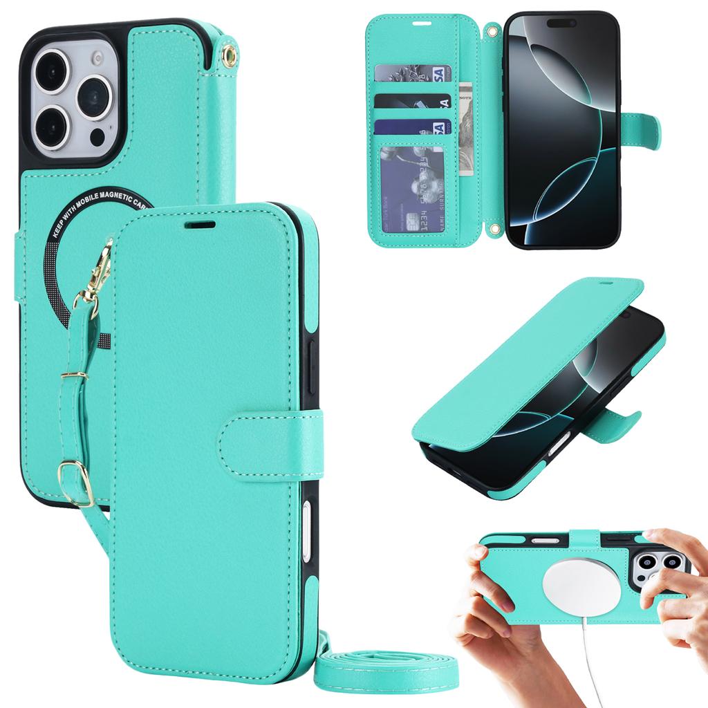 Crossbody Long Lanyard Flip Cards Sold Wallet Leather Case for iPhone 17 Pro Max 16 15 14 13 12 For Magsafe Shockproof Cover