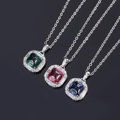 Jewelry Silver Imitation Color Treasure Emerald Sugar Tower Sapphire Red Treasure Diamond Pendant Necklace 8 * 8
