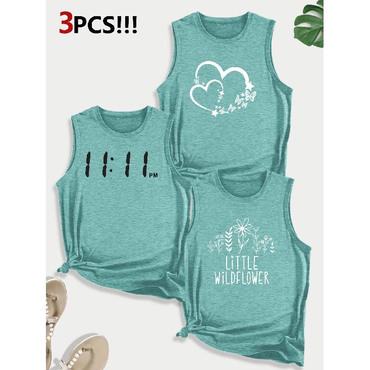 Line Floral Letter Combination Gift Print Pattern Round neck3Pack of Sleeveless Vests for Women In Spring, Summer, and Autumn