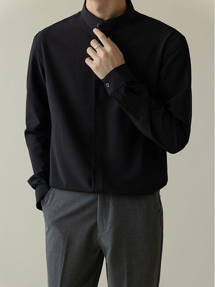 Men's Autumn Light Mature Style Non-Iron Slim-Fit Korean Ice Silk Long-Sleeved Shirt