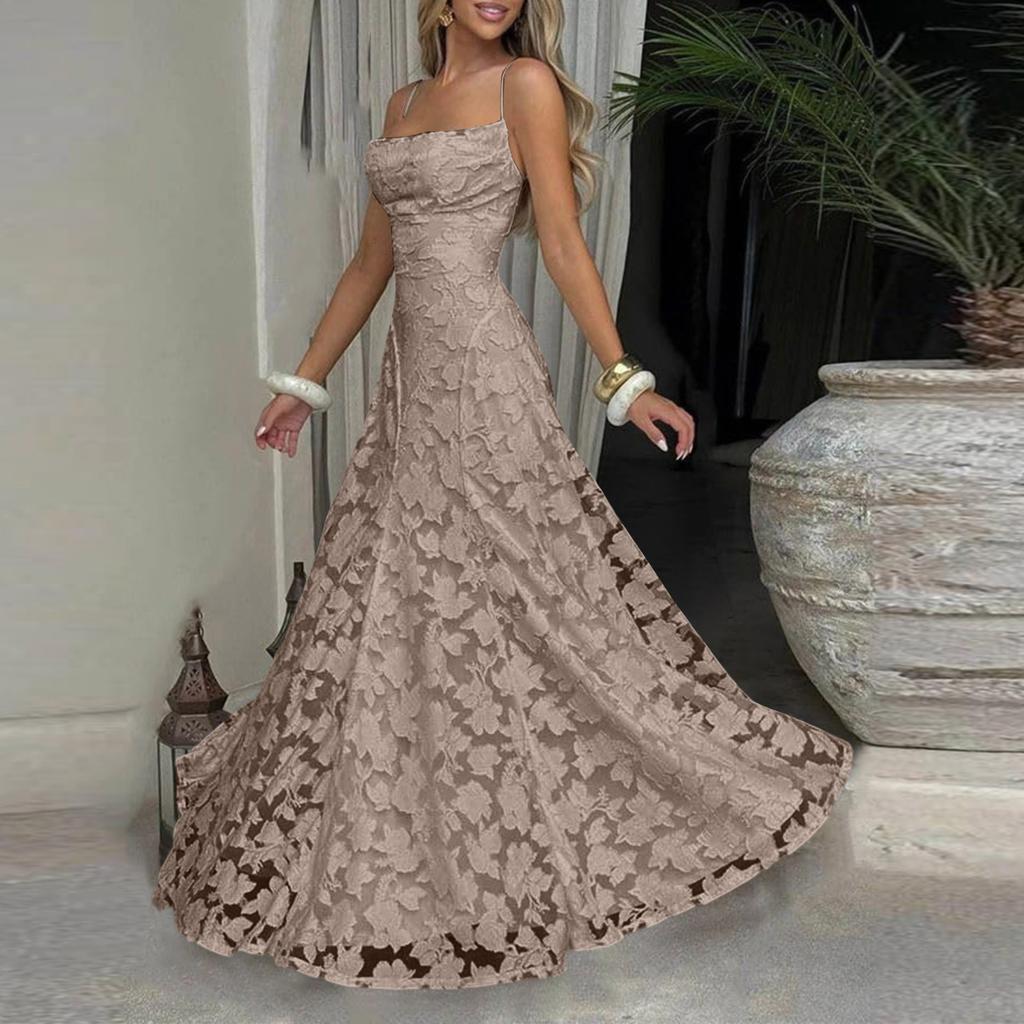 Women’s Casual Lace Patchwork Maxi Dress Sleeveless Spaghetti Strap Long Dress Elegant Evening Party Gown for Summer