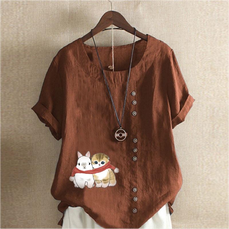 Damenmode Katzen und Kaninchen bedrucktes Rundhals Kurzarm T-Shirt Lässig Baumwolle Leinen Grafik Shirt Freizeit Locker Sommer Bluse Tops