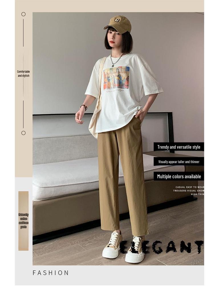 Women's Spring/Summer Maternity Cotton-Linen Stretch Wide-Leg Pants, Loose Fit, Cropped Length